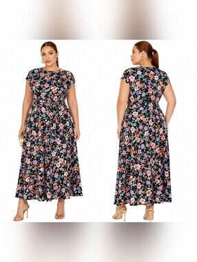 NEW Rosie Floral Belted Mesh Maxi Dress Lined Garden Party Plus Size 1X 2X 3X XL